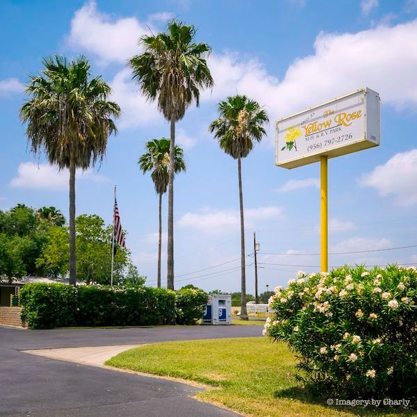Yellow Rose MH & RV Park entrance with palm trees